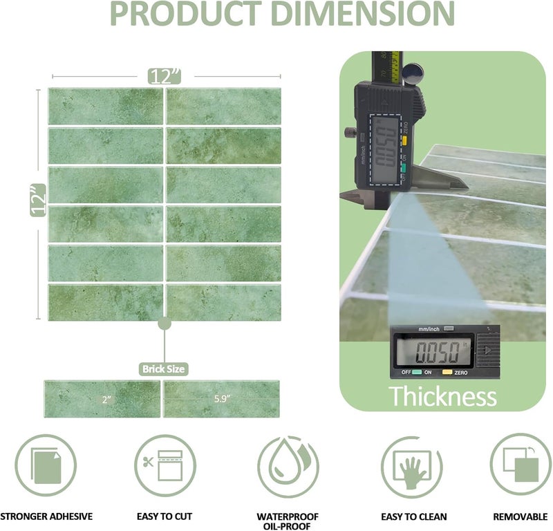 Crystiles Green Peel and Stick Backsplach Tile, 12"x12" Back Splash Stick on Tiles for Kitchen, Bathroom, 10 Sheets - Image 2